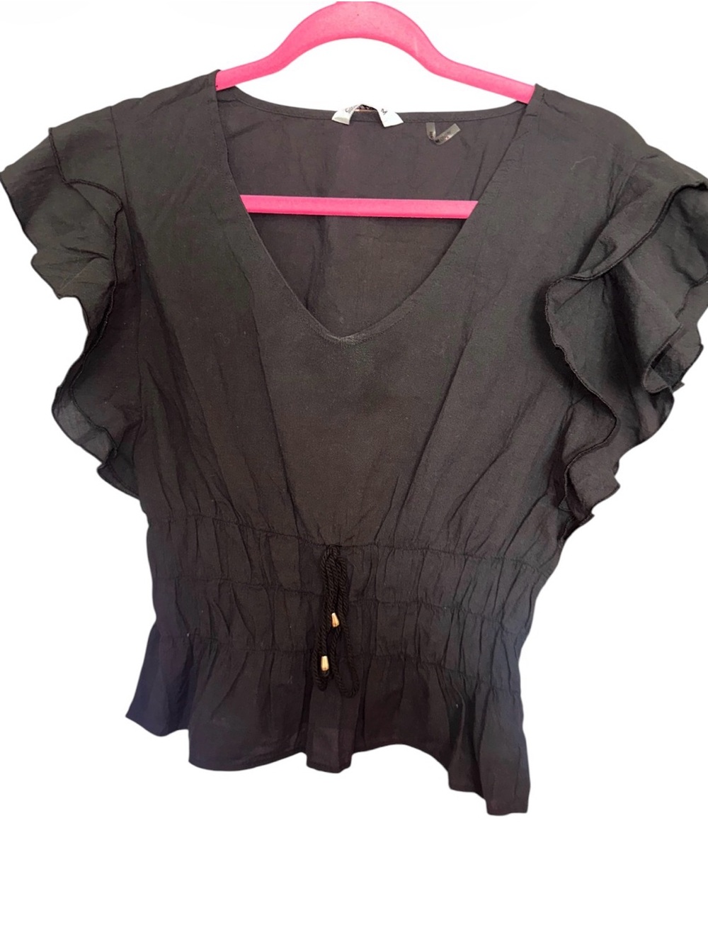 Cisono Black Ruffle Sleeve V-Neck Top. Size medium